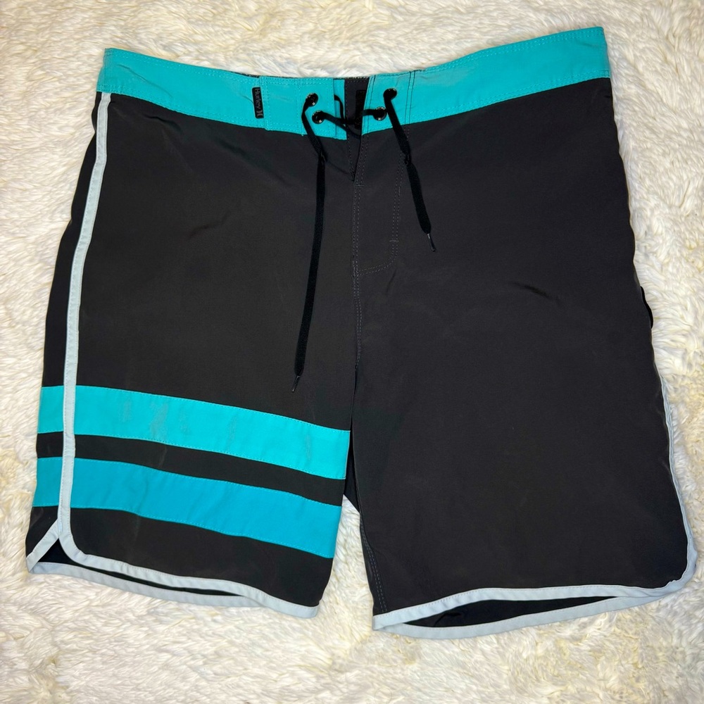Hurley Men's Black and teal board Shorts 30” waist 7” inseam retro look no liner